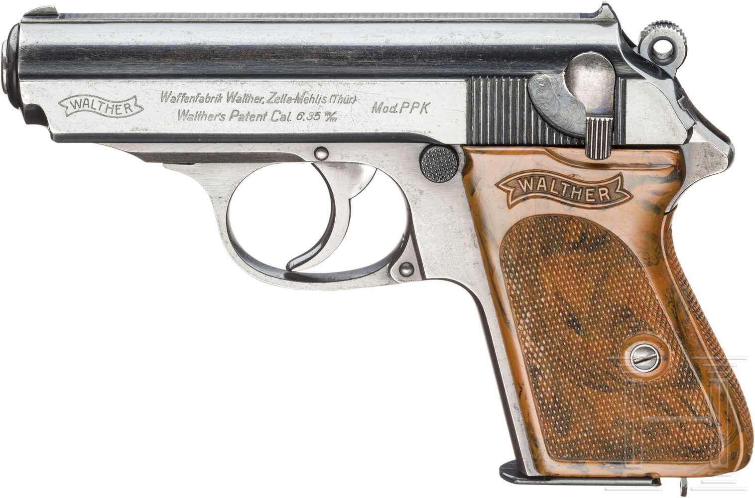 Walther PPK, ZMKal. 6,35 mm Brown., Nr. 778485, Blanker Lauf. Achtschüssig. Beschuss Krone/N.