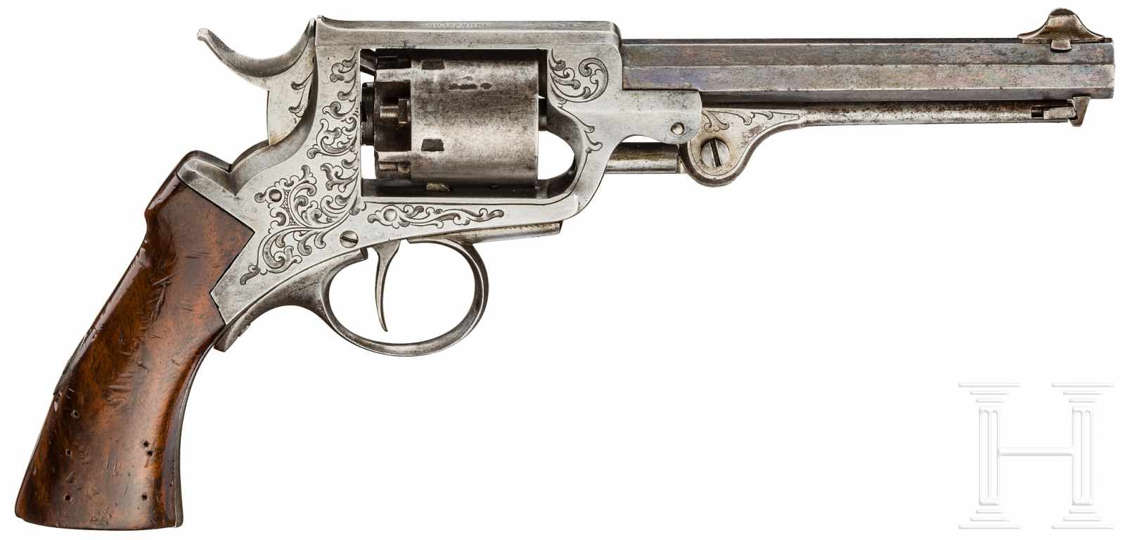 Versuchs-Perkussionsrevolver Stahl, Hassfurt, um 1865Kaliber 9 mm, Nr. 17414 auf der Innenseite