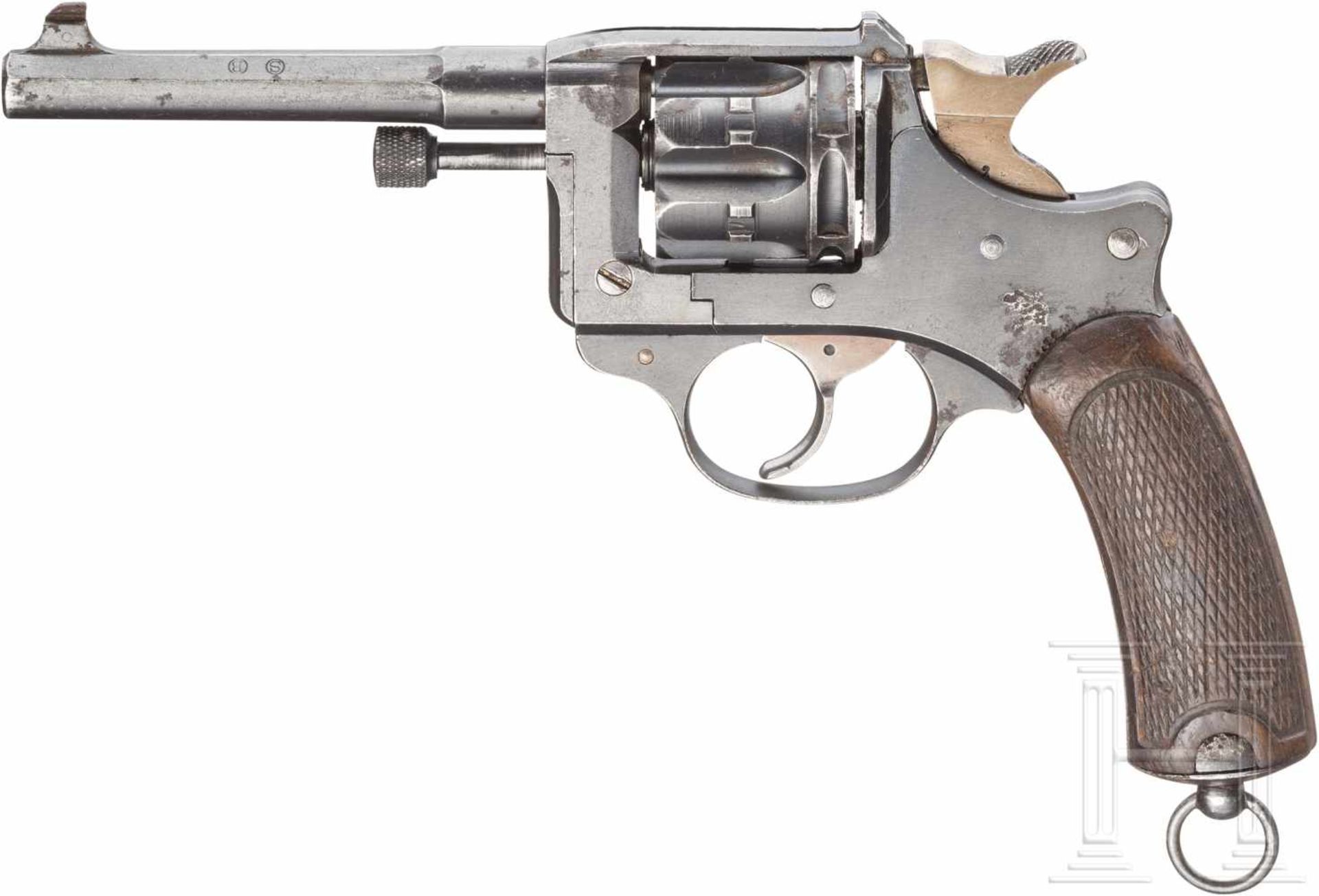 Ordonnanzrevolver Mod. 1892, mit TascheKal. 8 mm Lebel, Nr. L3480, Blanker Lauf. Sechsschüssig.