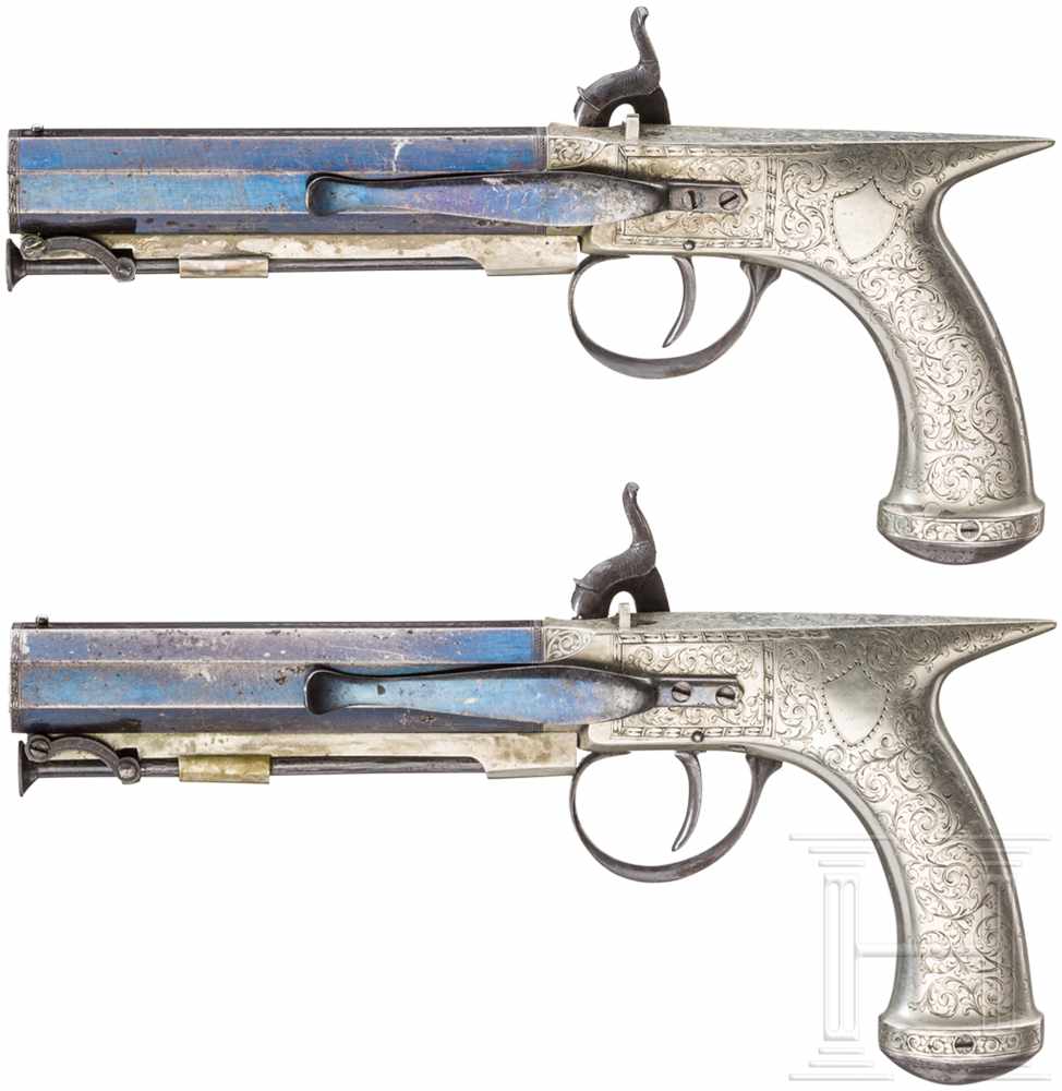 Ein Paar Sägegriff-Ganzmetall-Perkussionspistolen, Swinburn, London, um 1850Schwere, gebläute und - Image 2 of 3