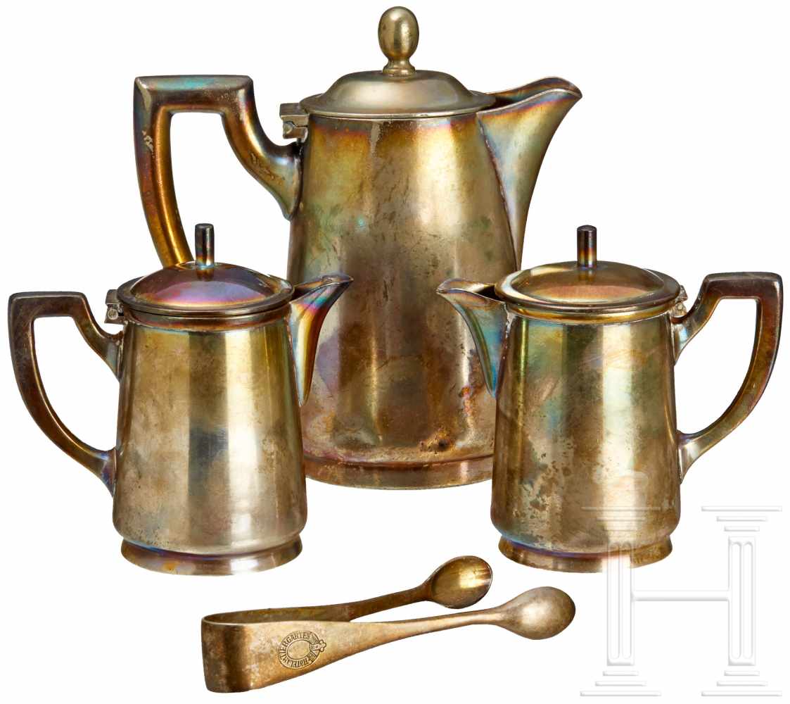 A Teapot Service GroupSmall silver teapot, two silver creamers, a pair of silver sugar tongs. Teapot