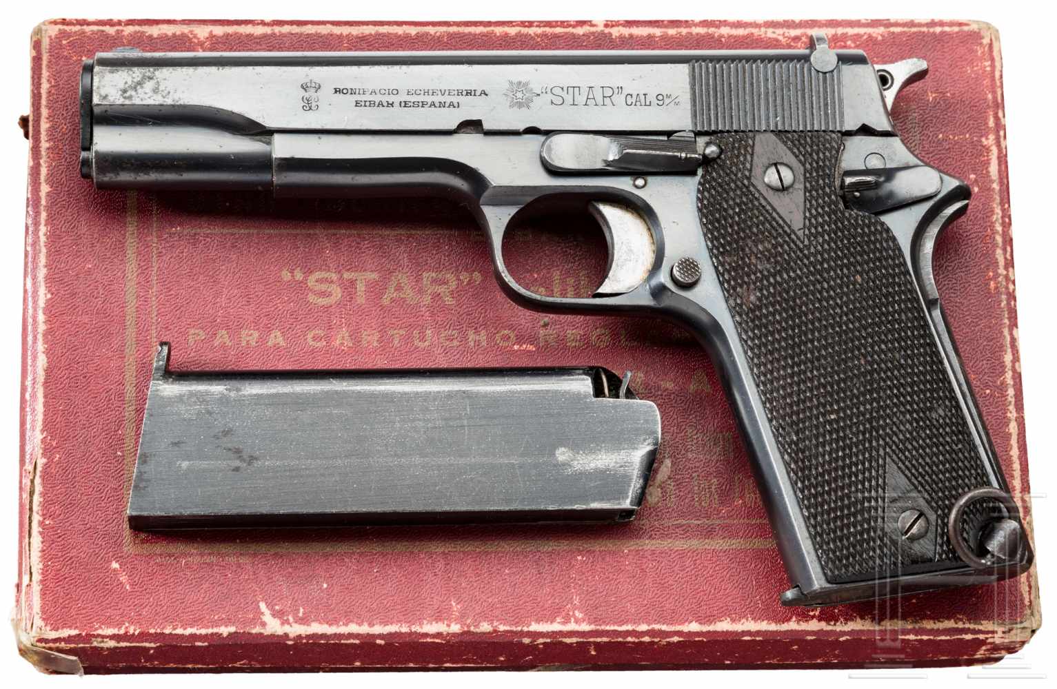 Star Modelo Militar 1921, Guardia Civil, im KartonKal. 9 mm Largo, Nr. 4578, Blanker Lauf, Länge 125