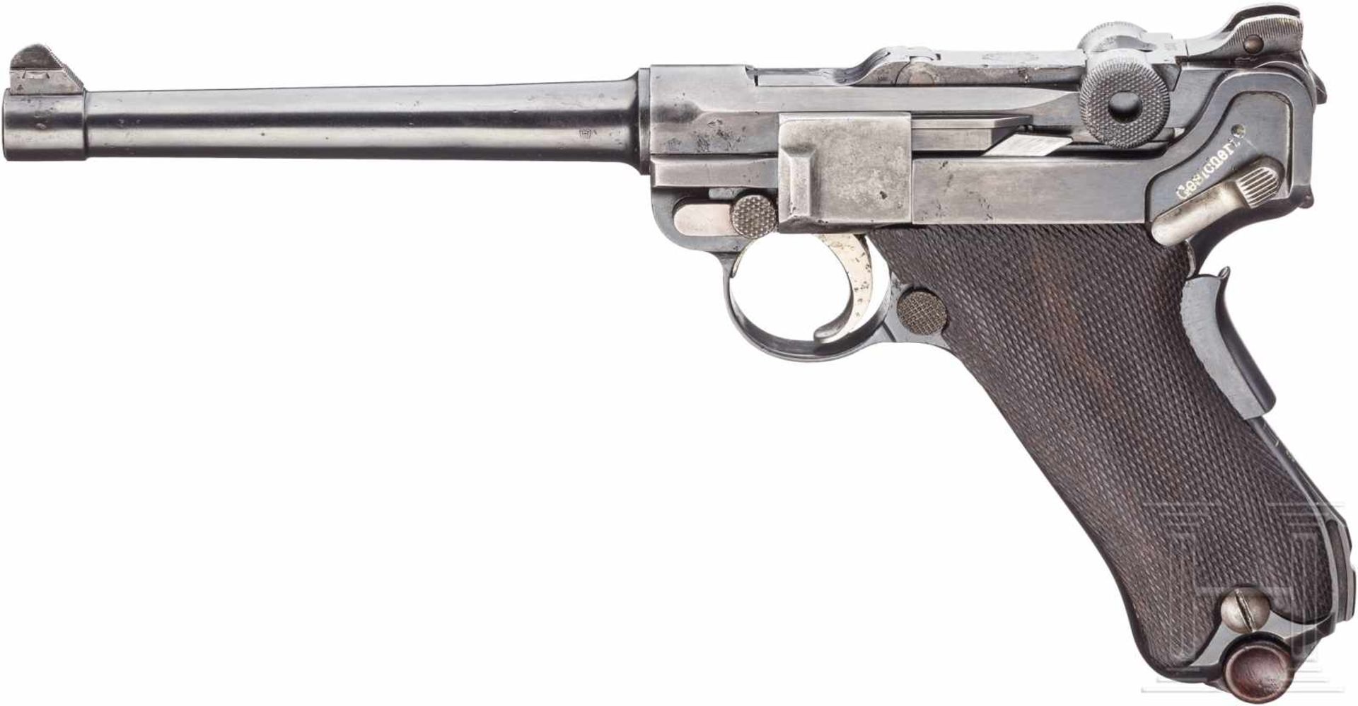 Pistole 04 (1906), DWM, im KastenKal. 9 mm Luger, Nr. 4103a, Nummerngleich bis auf Kniegelenk und