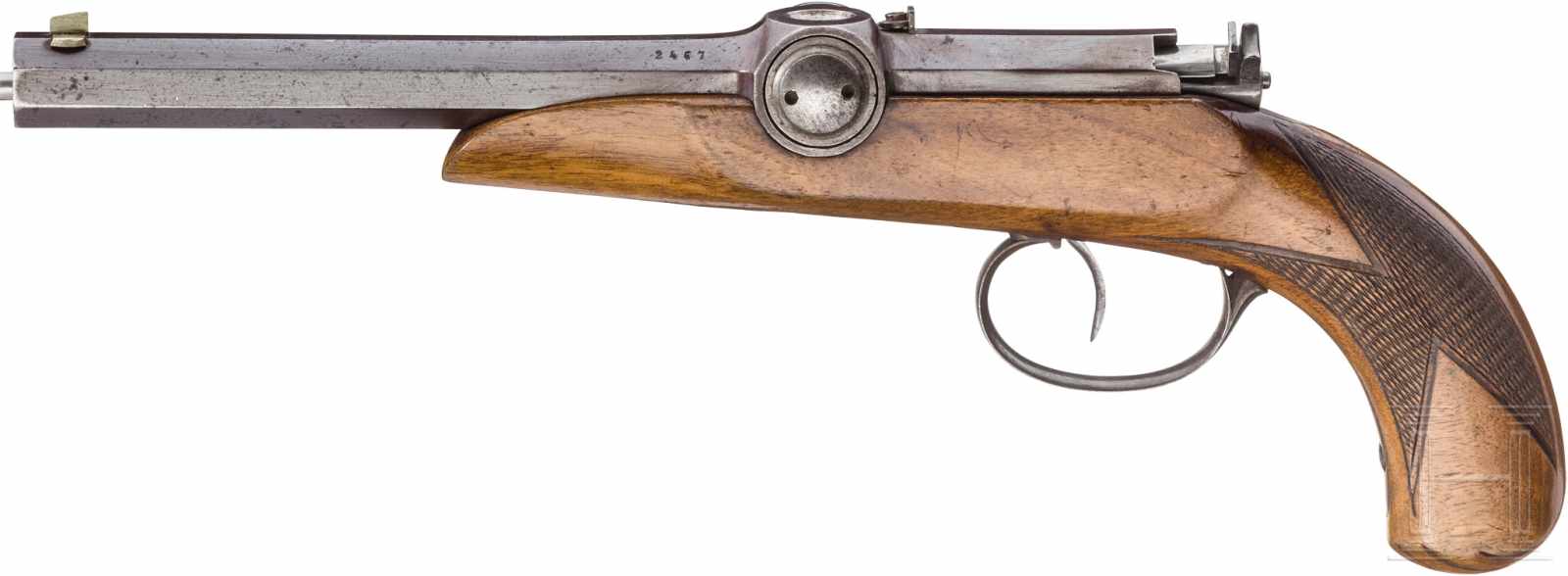 Zündnadelpistole, deutsch, um 1850Achtkantiger, bräunierter, gezogener Lauf im Kaliber 9,5 mm mit