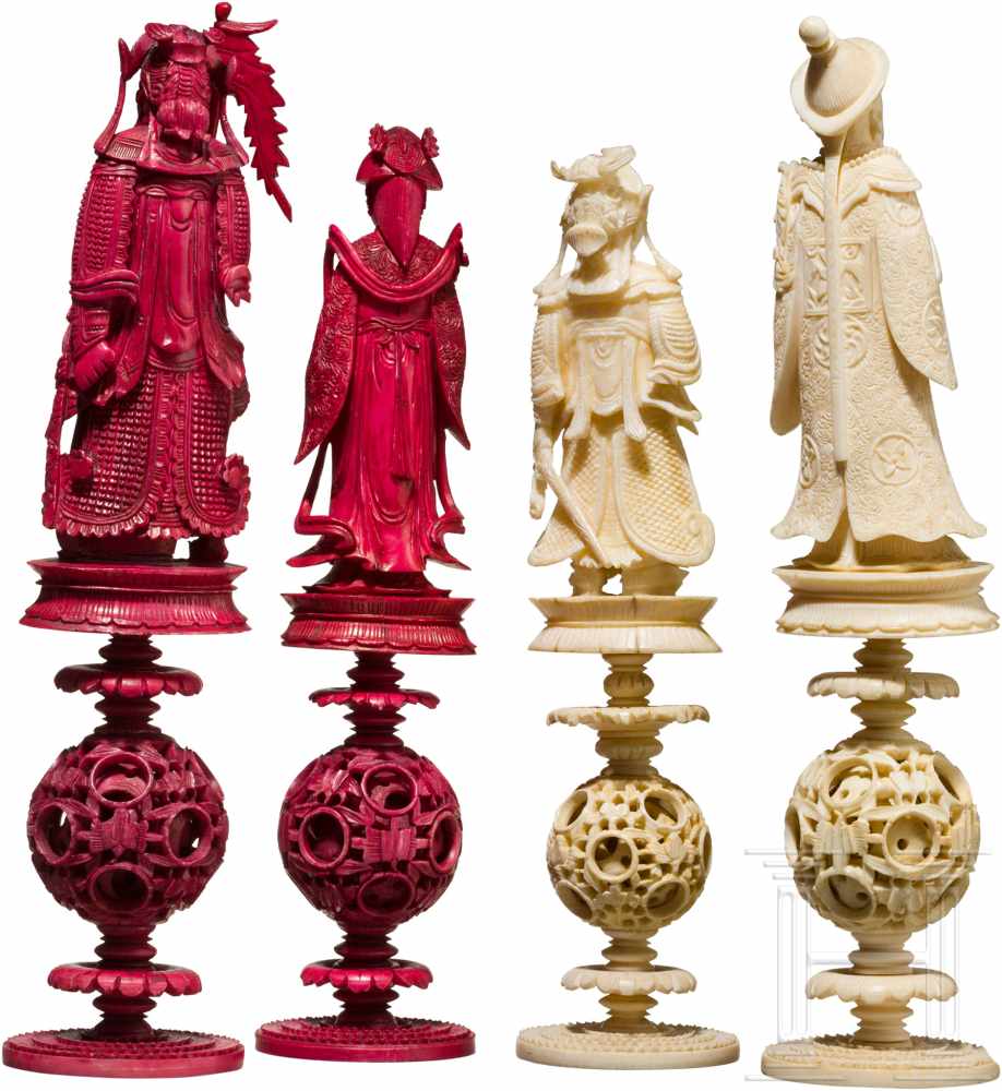 Geschnitztes Schachspiel aus Elfenbein, China, Kanton, 19. Jhdt.Jeweils mehrteilig gearbeitet und - Image 3 of 7