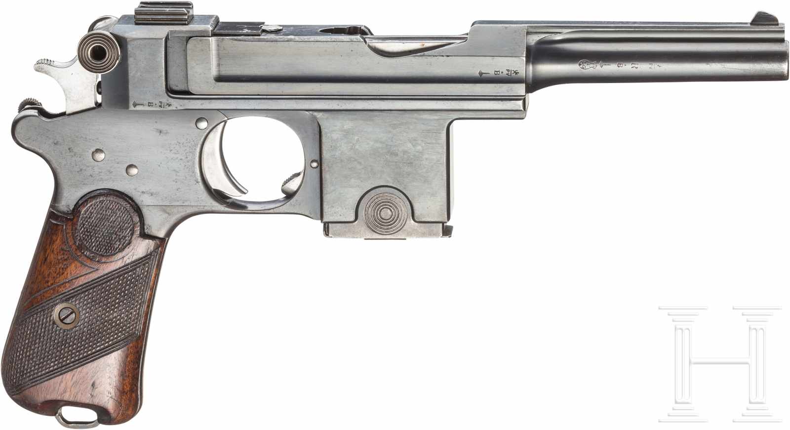 Bergmann-Bayard Mod. 1908, mit AnschlagschaftKal. 9 mm Bergmann, Nr. 7647, Nummerngleich. Blanker - Image 2 of 5