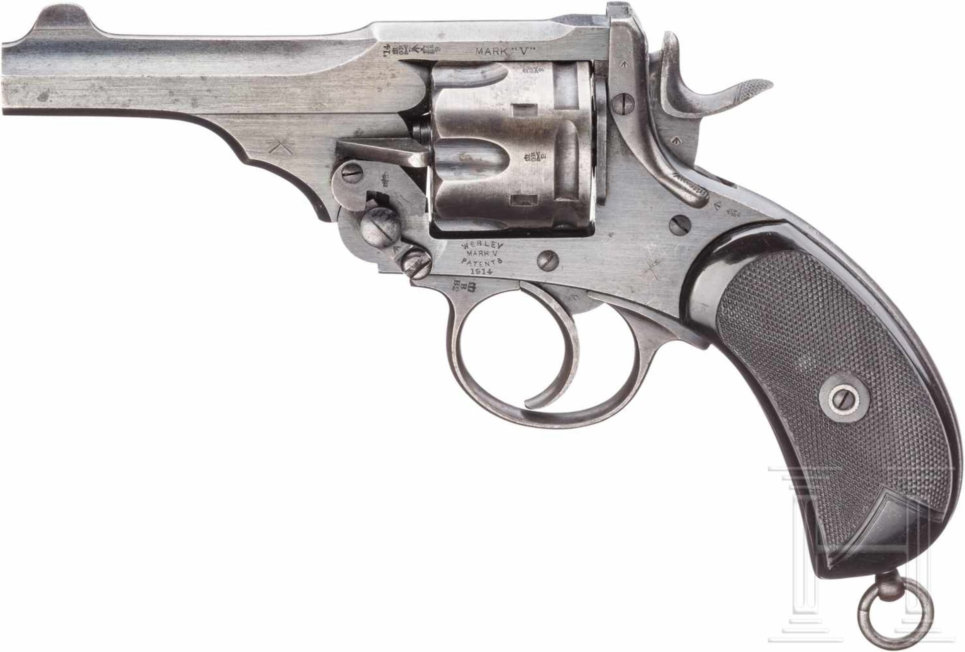Webley Mark V Service Revolver 1913Kal. .455 Webley, Nr. 136473, Nummerngleich. Blanker Kipplauf,