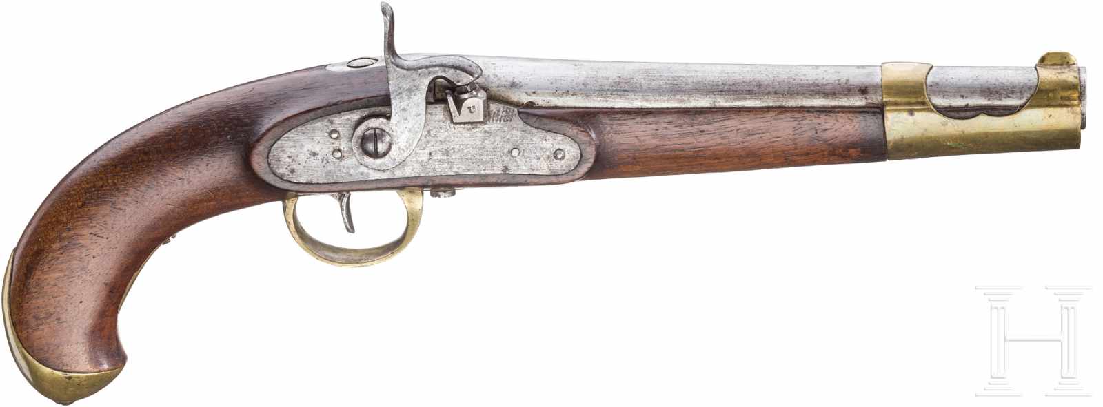 Gendarmeriepistole, ähnlich M 1827Glatter Lauf im Kaliber 18 mm, Lauflänge 22 cm. Aptiertes