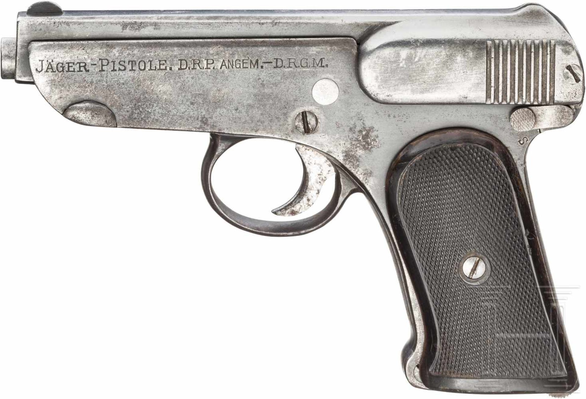 Pistole Jäger, 1. AusführungKal. 7,65 mm Brown., Nr. 2595, Nummerngleich. Blanker Lauf.