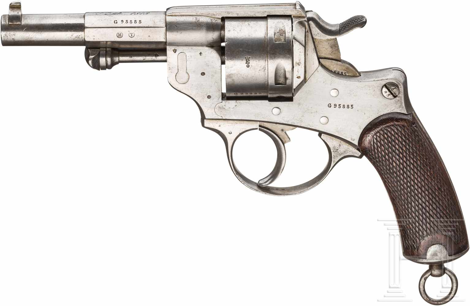 Ordonnanzrevolver Mod. 1873Kal. 11 mm CF, Nr. G 95885, Nummerngleich. Blanker Lauf. Sechsschüssig.