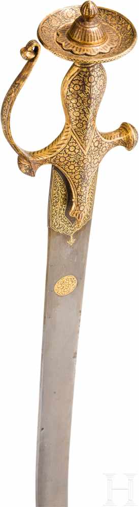 Goldtauschierter Tulwar mit Rückenklinge aus feinem, gemasertem Wootzdamast, Indien, 1. Hälfte 19. - Image 6 of 9