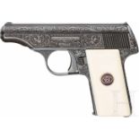 Walther Mod. 8, 2. Ausführung, graviertKal. 6,35 mm Brown., Nr. 722503, Blanker Lauf.