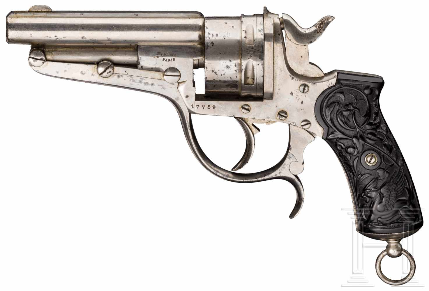 Revolver Galand, Commercial, vernickeltKal. 9 mm CF Dickrand, Nr. 17759. Vierfach gezogener, blanker