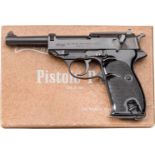 Walther P 38, Ulm, im KartonKal. .22 l.r., Nr. 316288, Blanker Lauf, Länge 130 mm. Zehnschüssig.