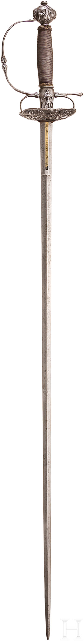 Eisengeschnittener Degen, Holland, um 1660Zweischneidige, beidseitig gegratete Stichklinge mit (