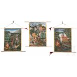 Drei religiöse Rollbilder, Burma, um 1900Gouache auf feinem Baumwollstoff. Unterschiedliche