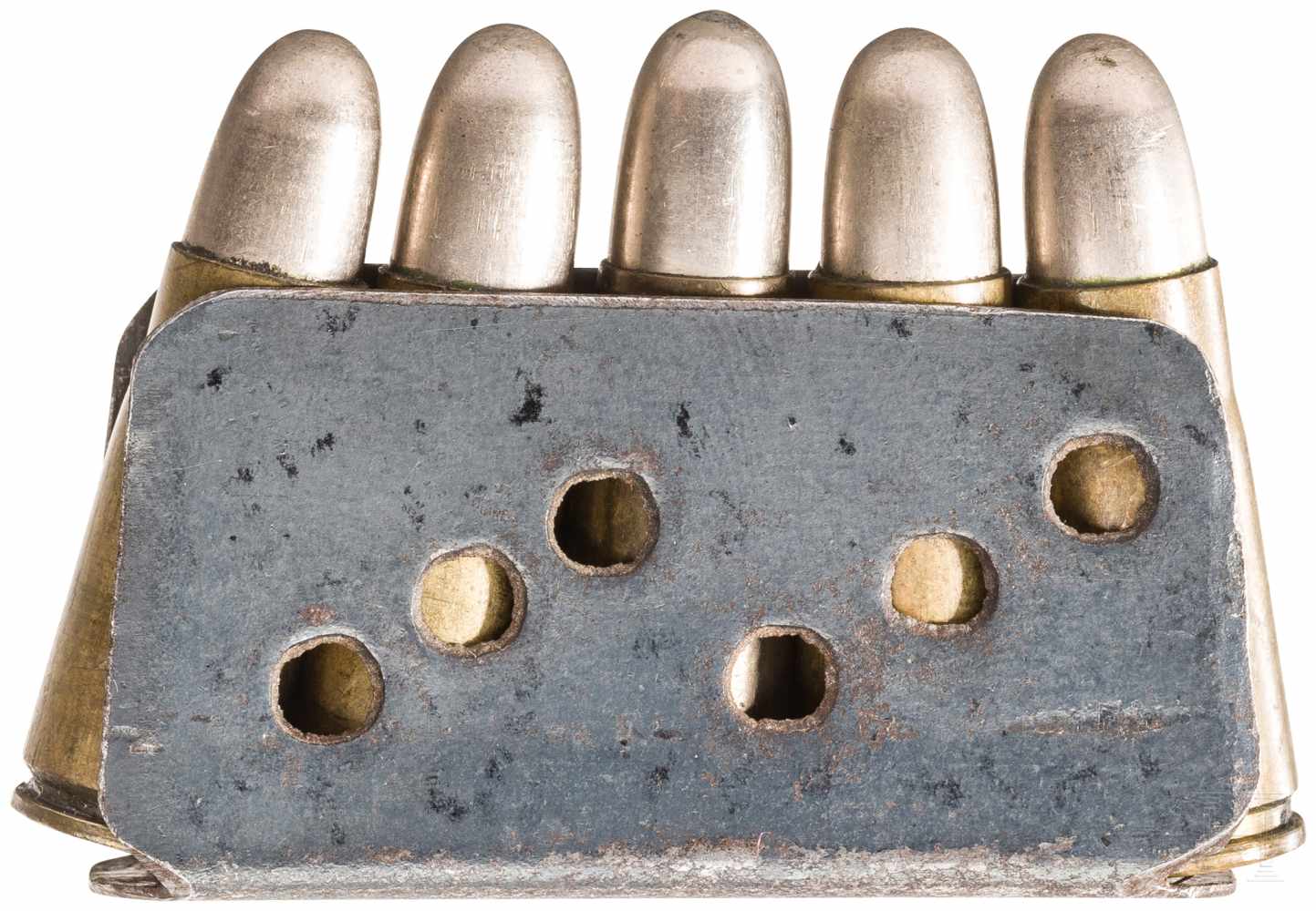 Munition, Ladeclip 6,5 mm BergmannKal. 6,5 Bergmann, Nr. ---, Rahmen aus dünnem Federblech mit sechs
