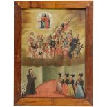 Exvoto-Gemälde mit Darstellung der vierzehn Nothelfer, deutsch, 18. Jhdt.Öl auf Holz. Darstellung