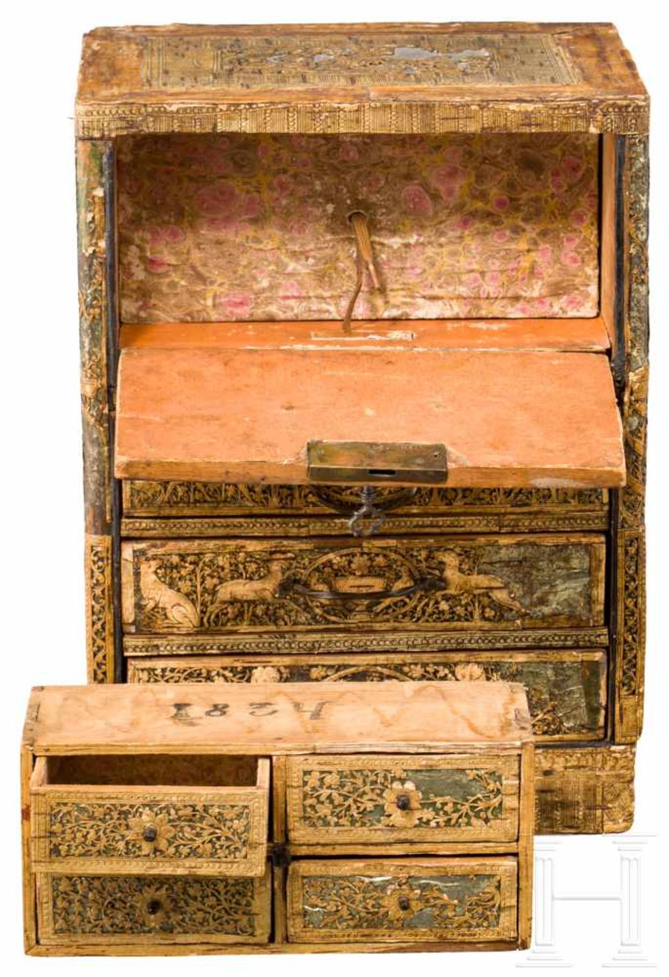 Kabinettkästchen mit Birkenrindendekor, Persien, datiert 1834Hochrechteckiger Holzkorpus mit fein - Bild 2 aus 4