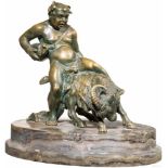 Bacchus auf Ziegenbock, Bronze auf Marmorsockel, um 1900Bacchus mit umgehängtem Weinbeutel auf