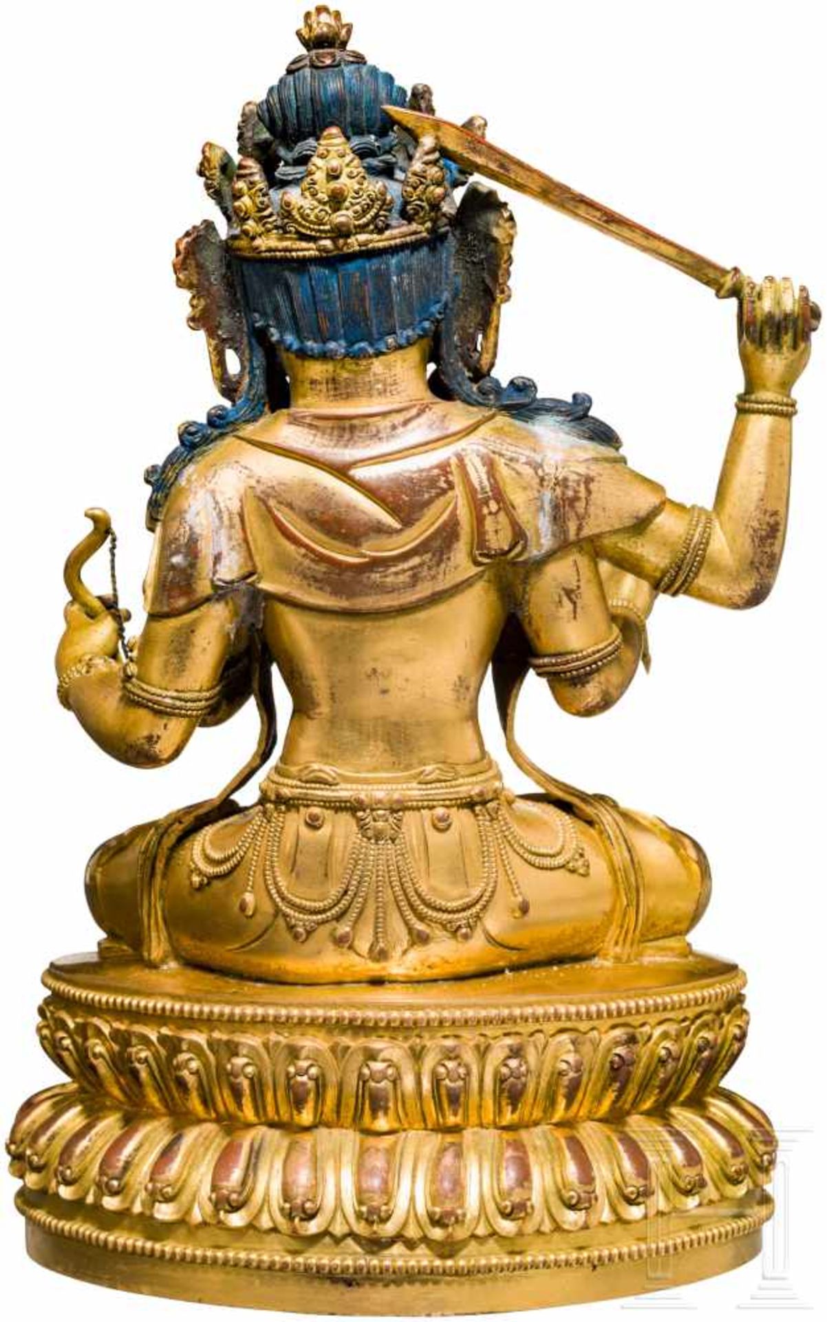 Vergoldete Bronze des Manjushri, Tibet, 18./19. Jhdt.Einteilig gegossene Bronze, die schwere - Bild 5 aus 7