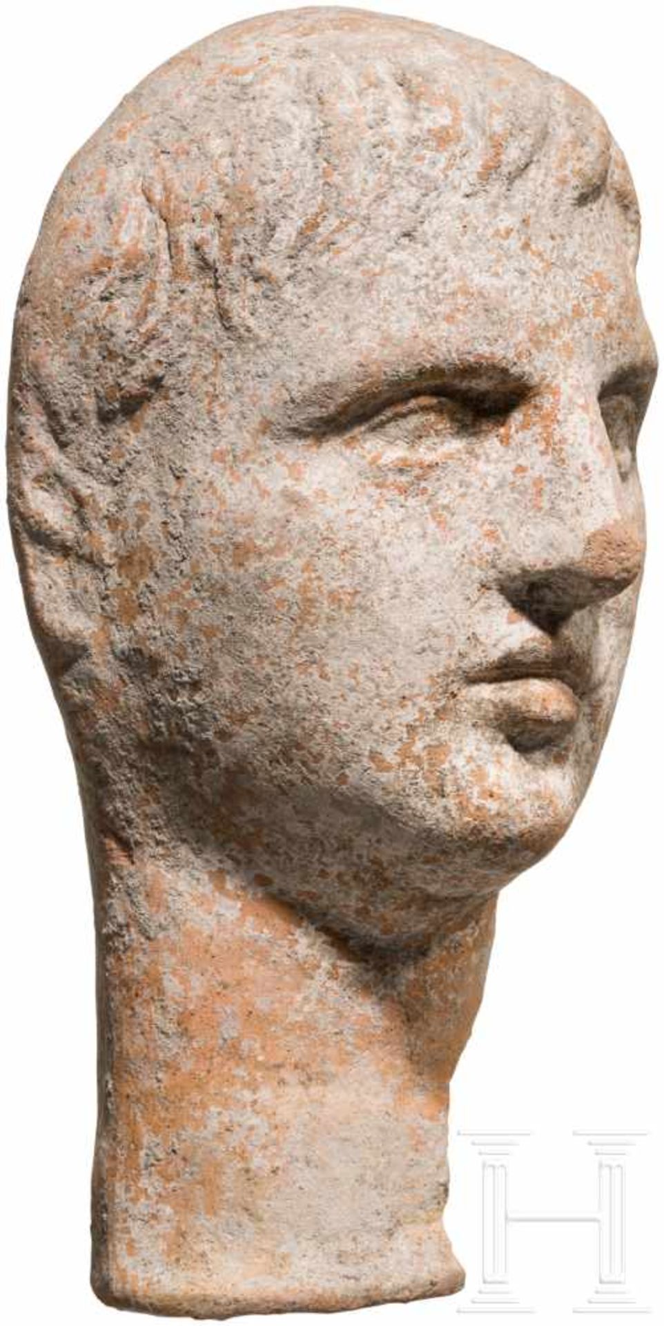 Etruskischer Votivkopf aus Ton, 3. - 2. Jhdt. v. Chr.Leicht unterlebensgroßer Terrakottakopf eines - Bild 2 aus 4