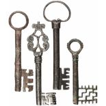 Vier frühe Schlüssel, deutsch/Frankreich, 14. - 16. Jhdt.Ein bronzener Hohldornschlüssel,