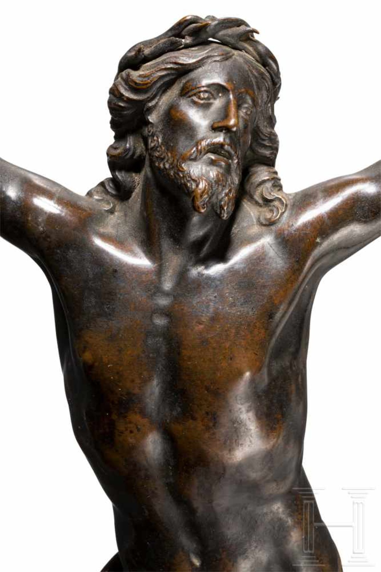 Barocker Christuskorpus aus Bronze, Italien, 17. Jhdt.Bronze mit schöner bräunlich-schwärzlicher - Bild 3 aus 4
