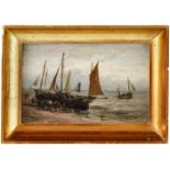 "Fischerboote am Meer" - Paul Jean Clays (1819 - 1900) zugeschr.Öl auf Karton. Strandszene mit