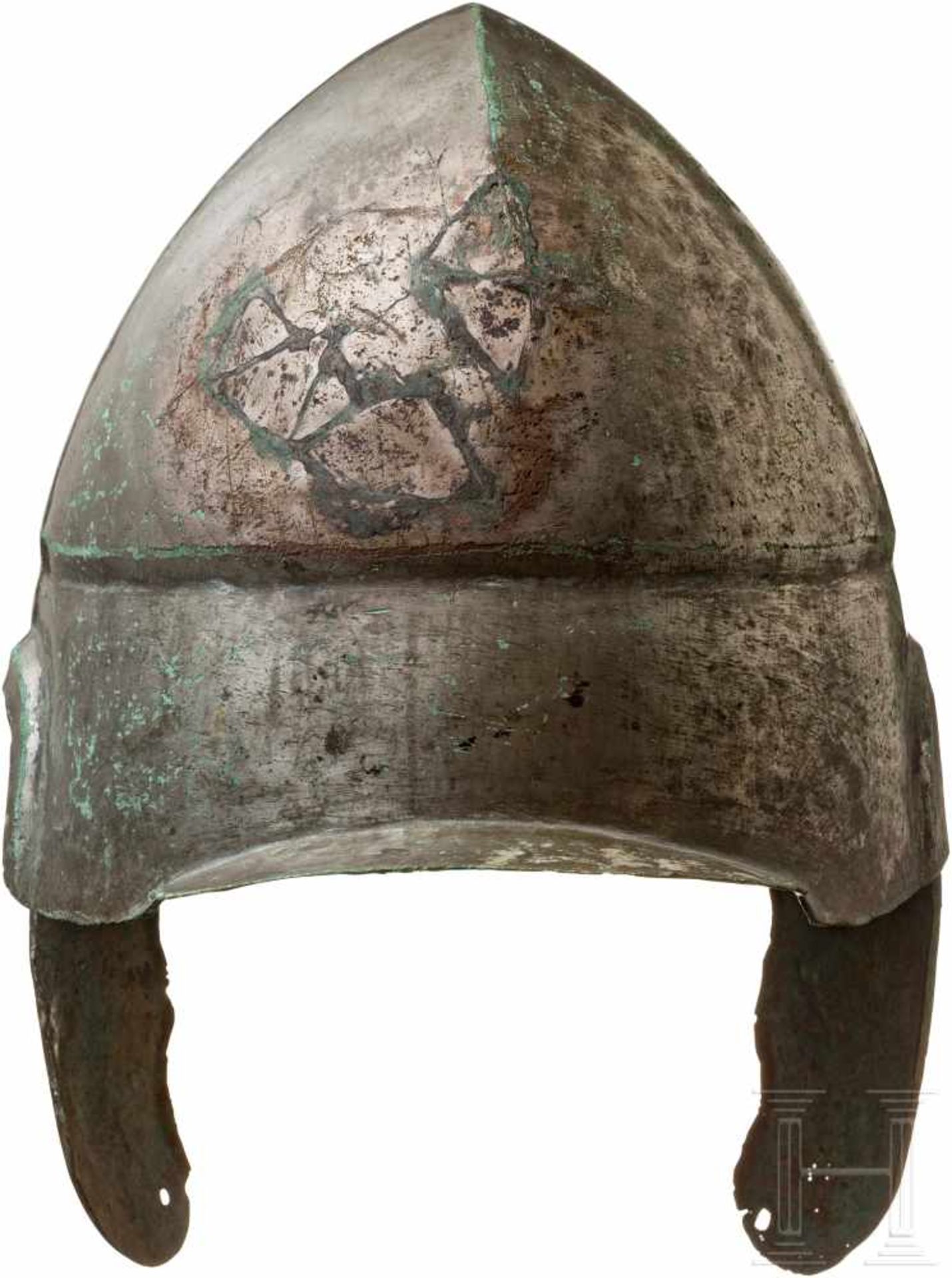Chalkidischer Helm, Typ V, frühes 4. Jhdt. v. Chr.Breiter Bronzehelm mit vollflächiger Verzinnung, - Bild 4 aus 6