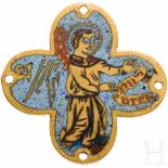 Frühe Plakette in Kreuzform mit Engel, Limoges oder Italien, 15. Jhdt.Kreuzförmige, vergoldete