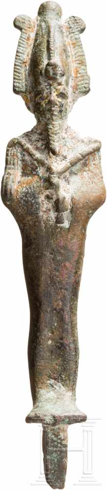 Osiris-Miniaturstele, Ägypten, 2. - 1. Jtsd. v. Chr.Bronzevollguss mit brauner bis grüner Patina. - Image 3 of 3