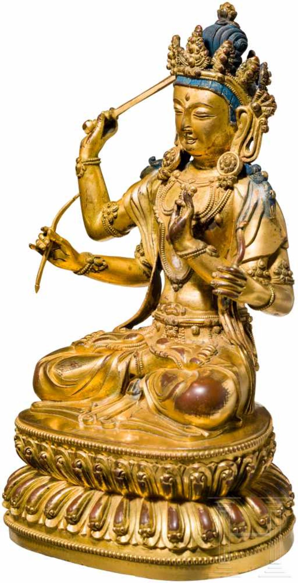 Vergoldete Bronze des Manjushri, Tibet, 18./19. Jhdt.Einteilig gegossene Bronze, die schwere - Bild 3 aus 7