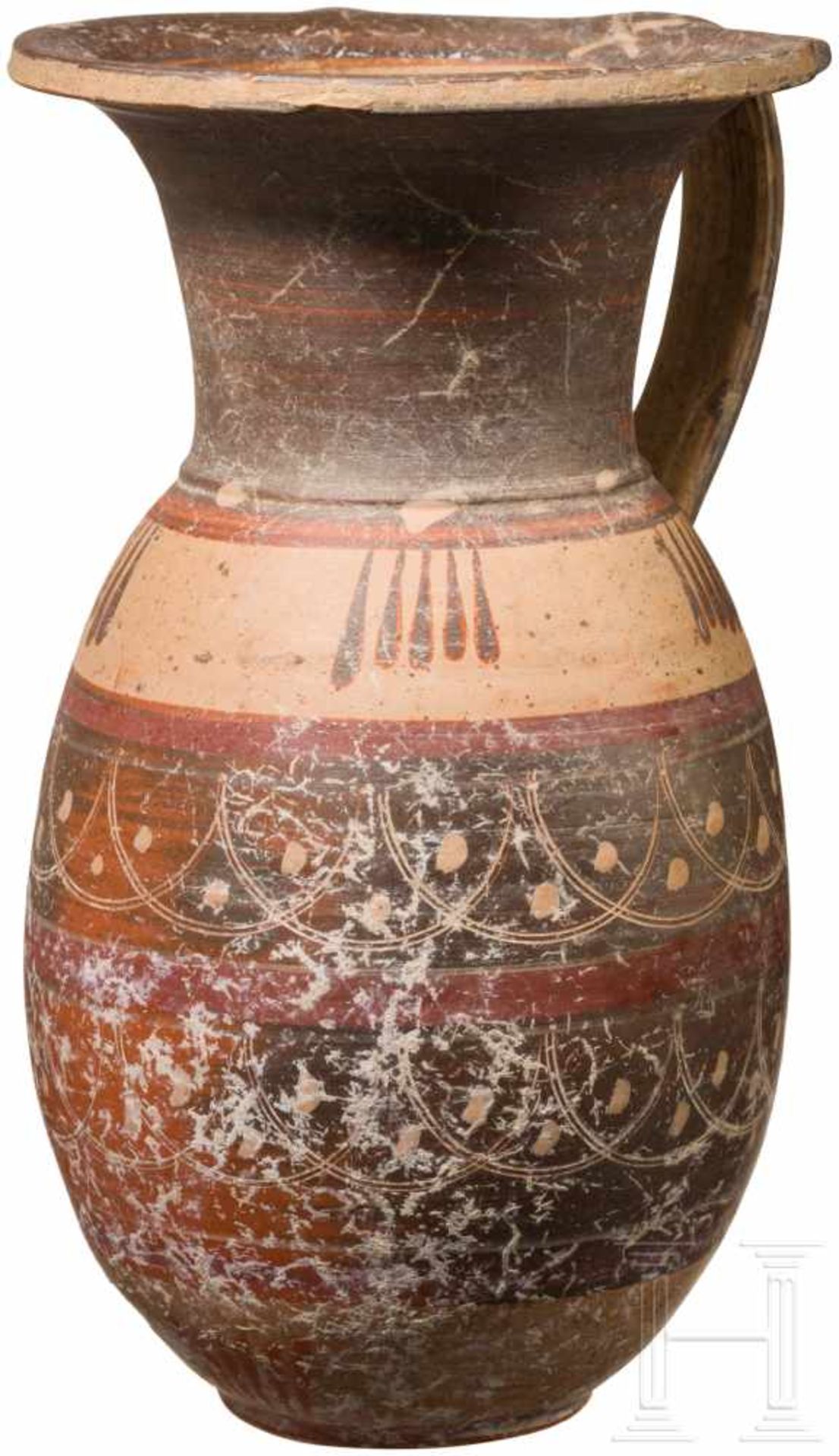 Etrusko-korinthische Kanne, spätes 7. - frühes 6. Jhdt. v. Chr.Olpe mit ausladendem Rand und