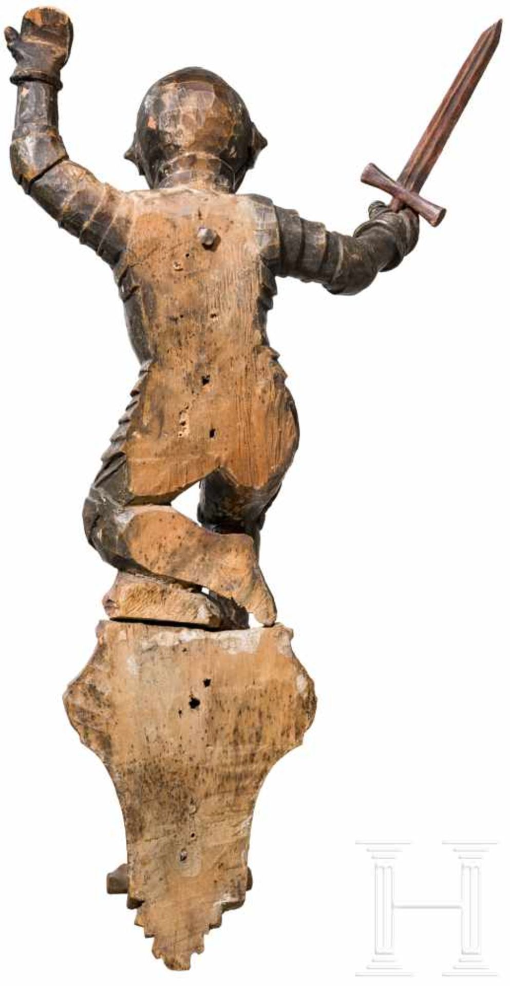 Ritterfigur, süddeutsch, 17./18. Jhdt.Seltene, einteilig geschnitzte und bemalte Altarfigurine aus - Bild 3 aus 3