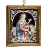 Kleine Emailleplakette, "Sainte Jeanne", Limoges, 17. Jhdt.Rechteckige, leicht gebogte Kupferplatte.