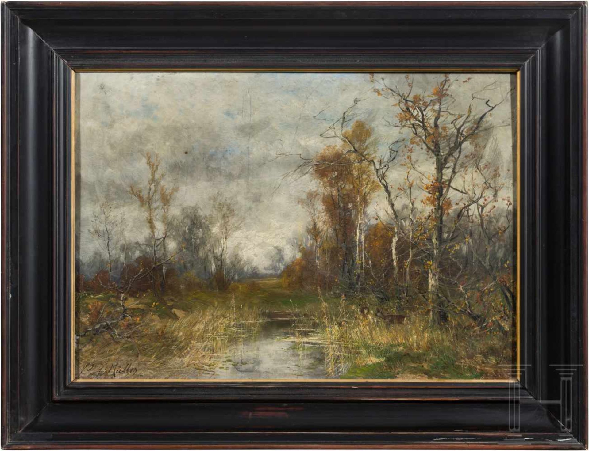 Eduard Josef Müller (1851 - 1922) - Ölbild "Herbst"Öl auf Holz. Stimmungsvolle Herbstlandschaft an