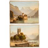 Zwei Landschaftsbilder, Schweiz, datiert 1885Jeweils Öl auf Karton. Detailliert und mehrfarbig