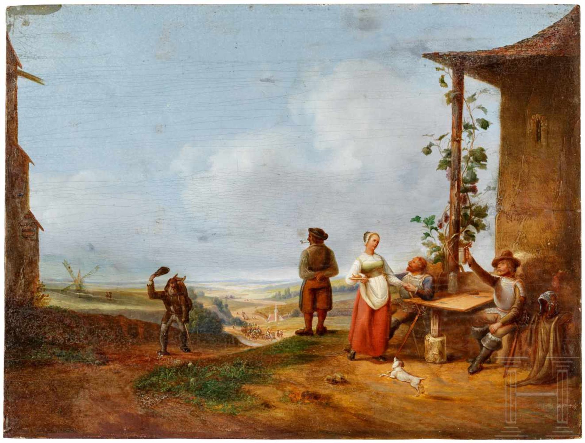 Genreszene in weiter Landschaft, deutsch, um 1830/40Öl auf Holz, parkettiert. Darstellung einer
