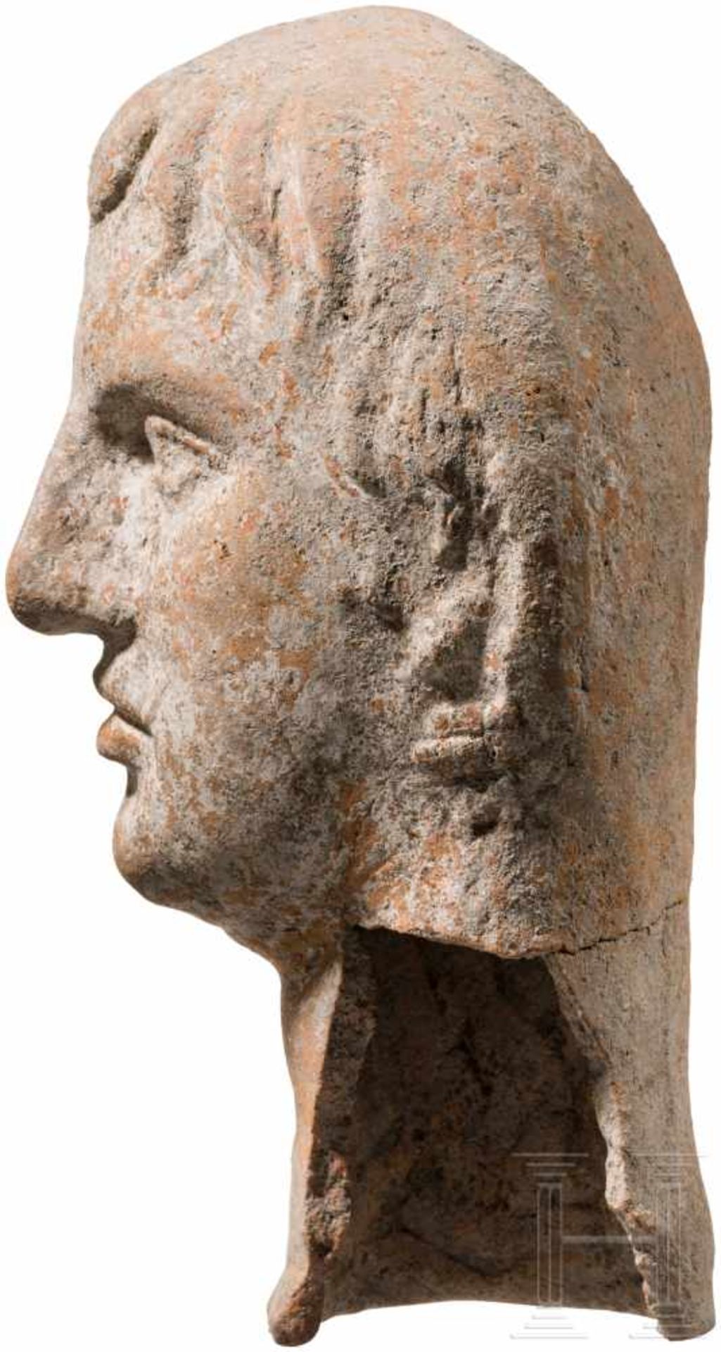 Etruskischer Votivkopf aus Ton, 3. - 2. Jhdt. v. Chr.Leicht unterlebensgroßer Terrakottakopf eines - Bild 3 aus 4