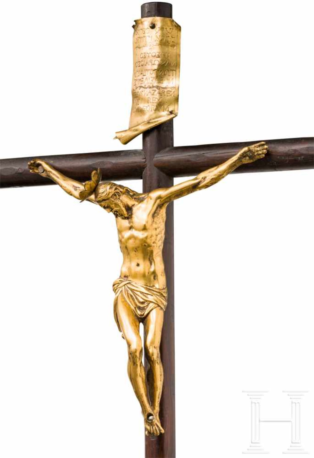 Kruzifix mit vergoldetem Christuskorpus, Augsburg, Mitte 17. Jhdt.Aus Rundhölzern gefertigtes - Bild 3 aus 4