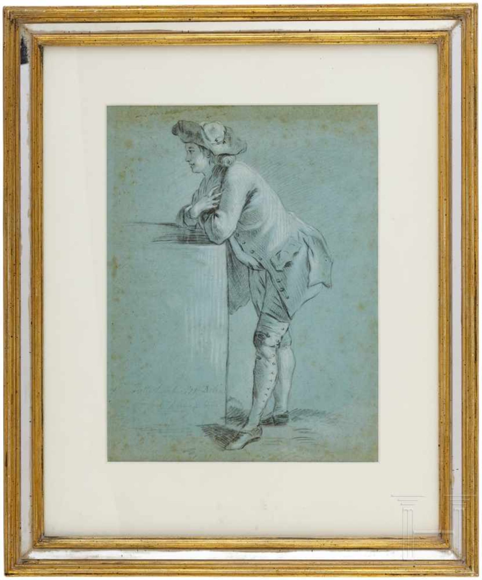 Französische Schule, 18. Jhdt.Altmeisterliche Zeichnung eines jungen Herren, sich auf eine Säule