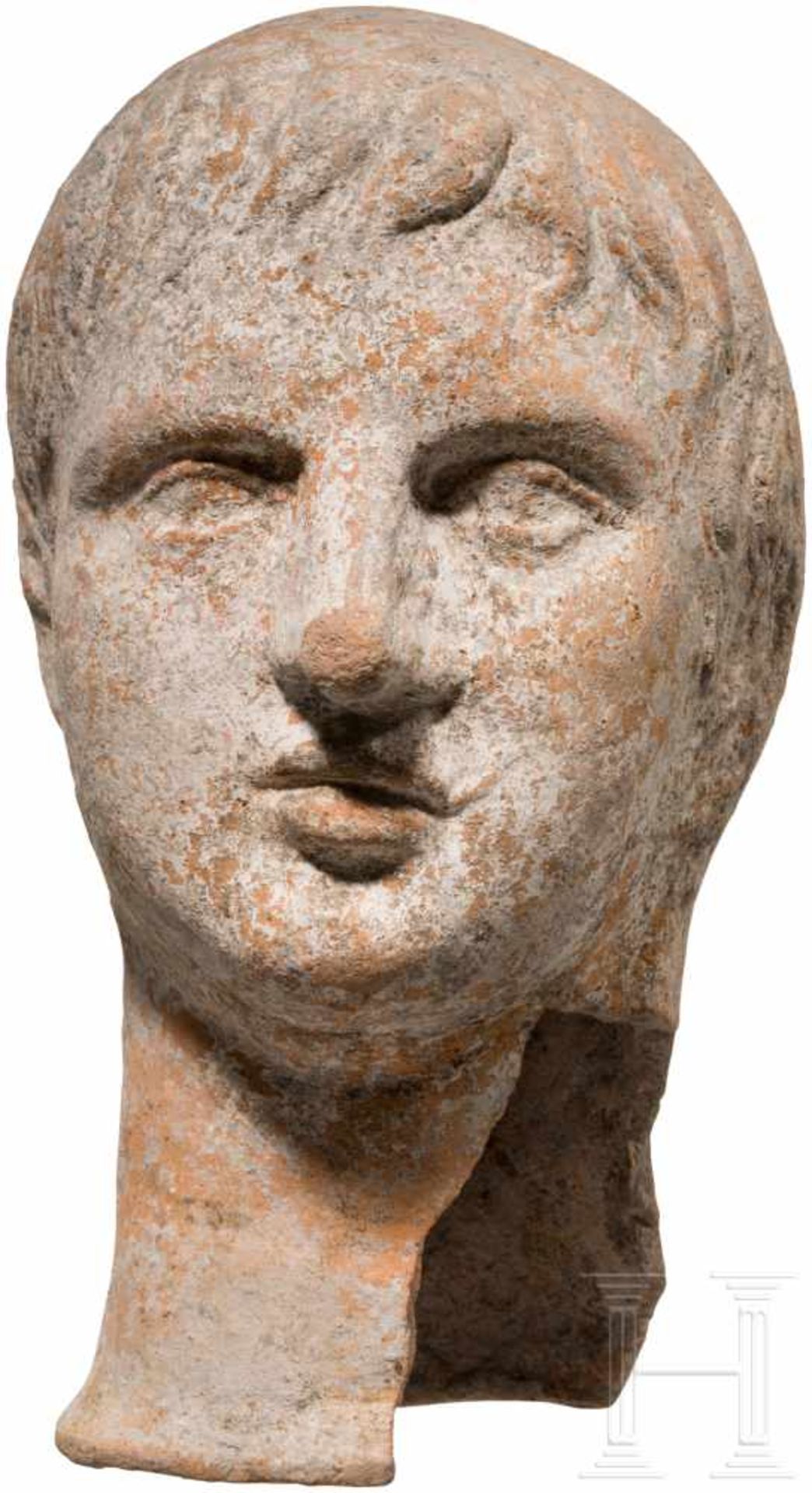 Etruskischer Votivkopf aus Ton, 3. - 2. Jhdt. v. Chr.Leicht unterlebensgroßer Terrakottakopf eines