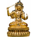 Vergoldete Bronze des Manjushri, Tibet, 18./19. Jhdt.Einteilig gegossene Bronze, die schwere
