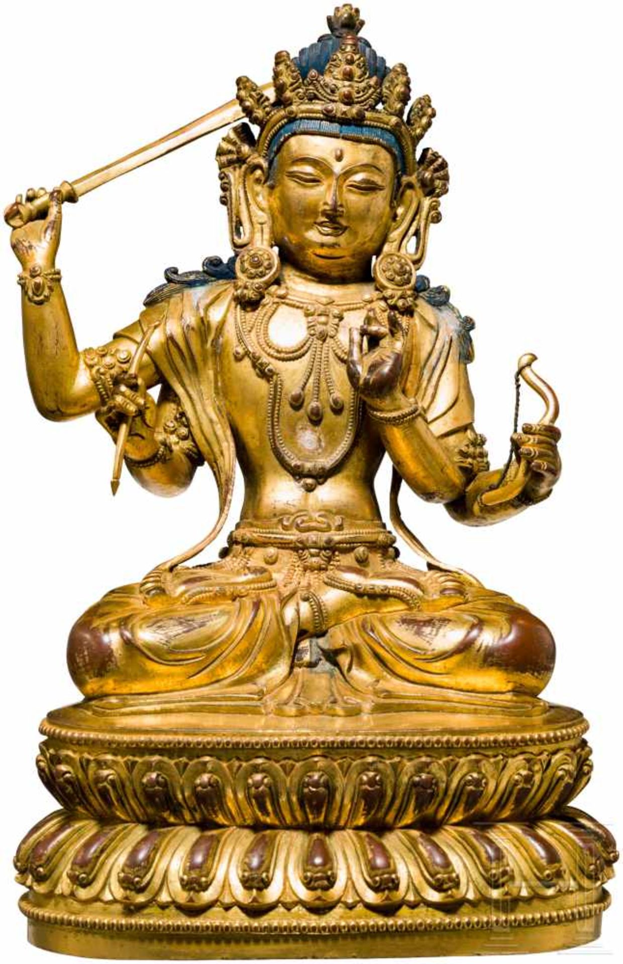 Vergoldete Bronze des Manjushri, Tibet, 18./19. Jhdt.Einteilig gegossene Bronze, die schwere