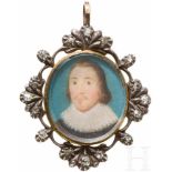 Brillantiertes Medaillon mit Portraitminiatur, deutsch, um 1650Öl auf Karton. Ovales Portrait