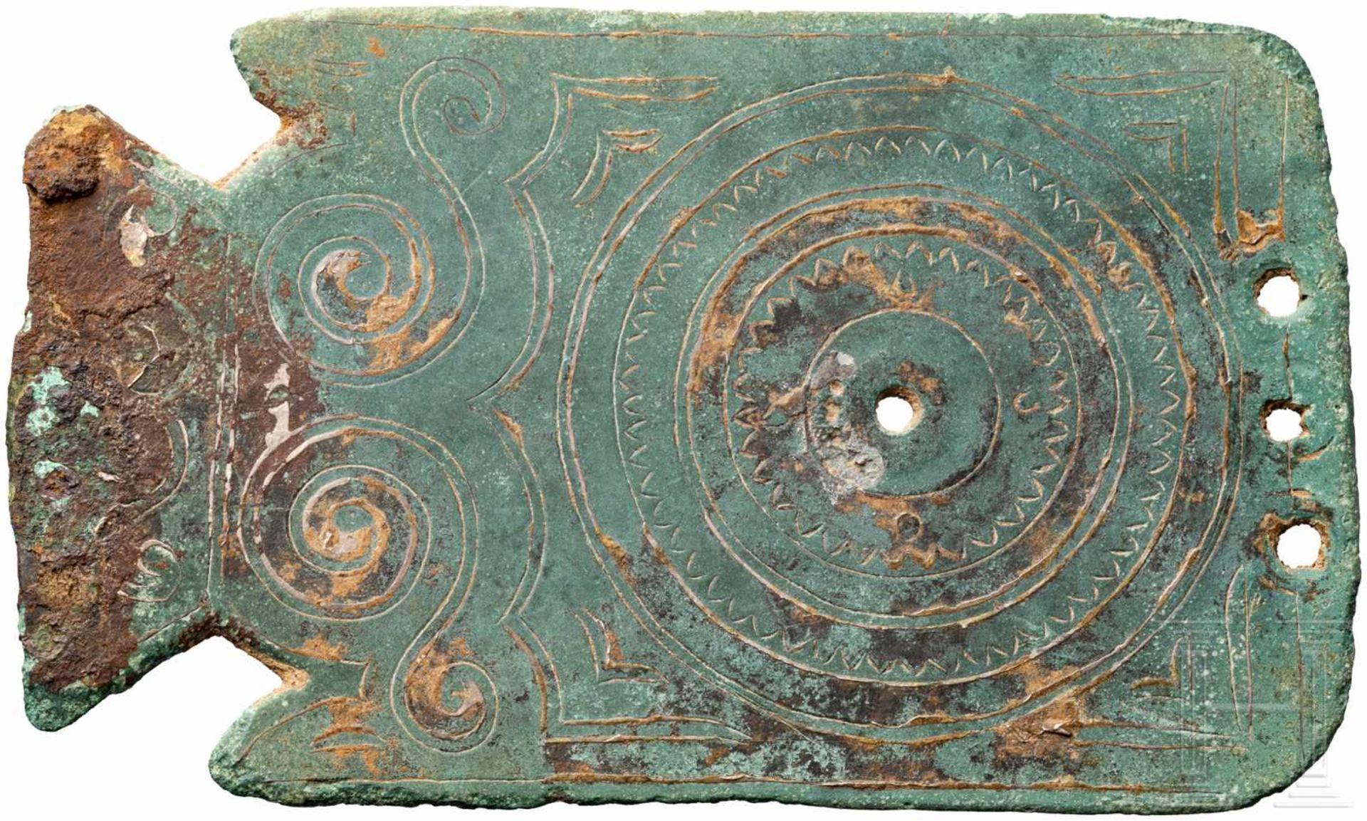 Gürtelbeschlag, Bronze, keltiberisch, 4. - 2. Jhdt. v. Chr.Rechteckiger Gürtelbeschlag des Typs C3C2