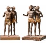 Ein Paar außergewöhnliche nubische Sklavenskulpturen, Terrakotta, um 1900/20Jeweils zwei auf einer