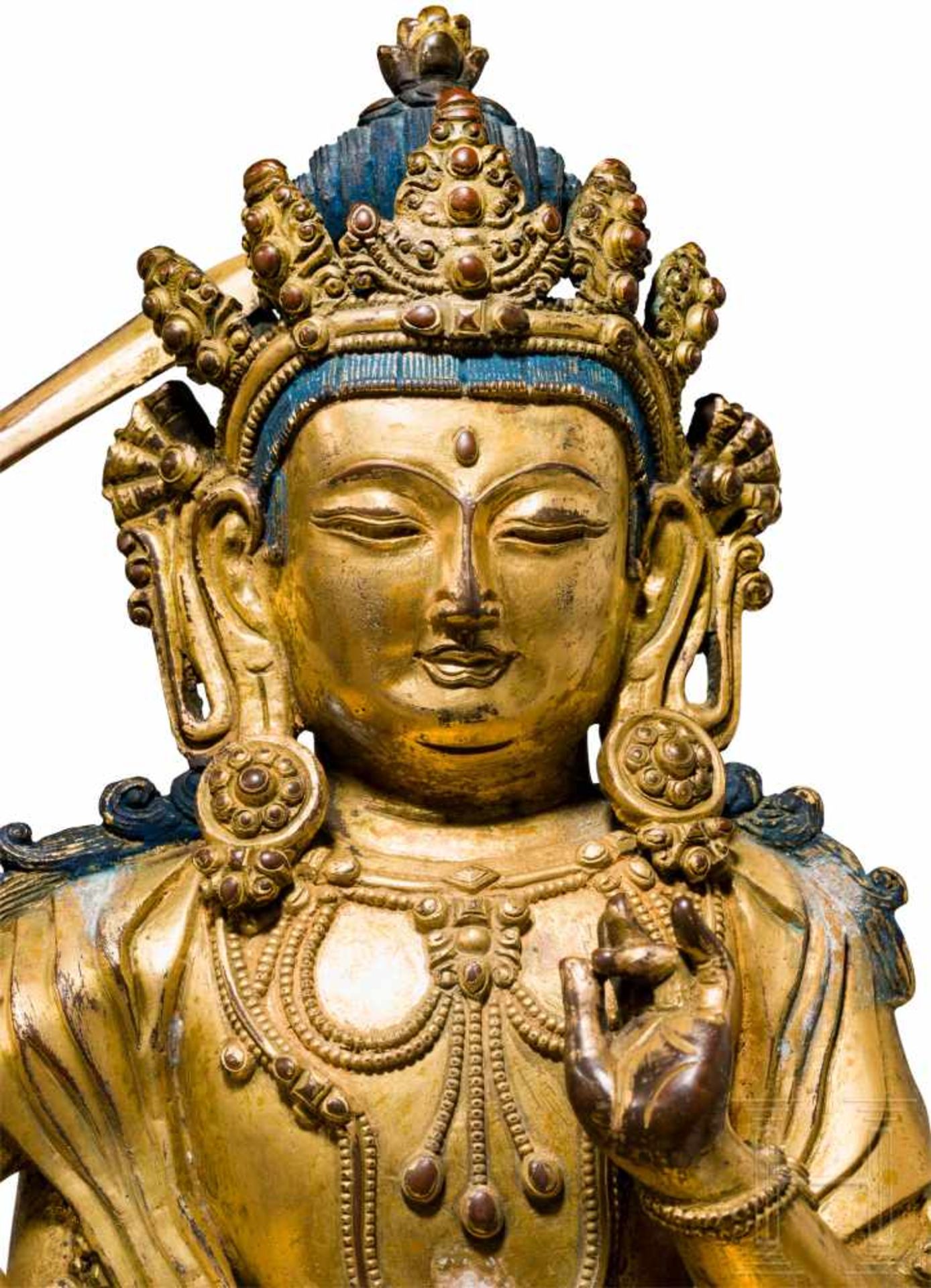 Vergoldete Bronze des Manjushri, Tibet, 18./19. Jhdt.Einteilig gegossene Bronze, die schwere - Bild 4 aus 7