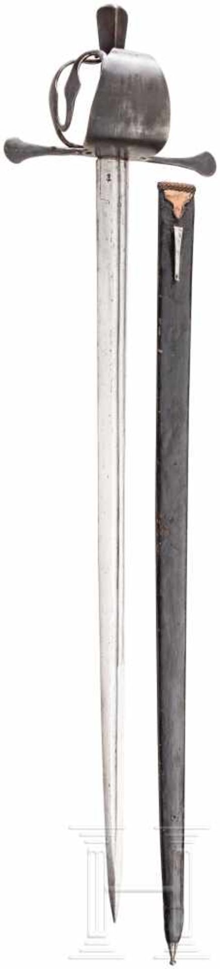 Militärisches Korbschwert mit Scheide, steirisch, Ende 16. Jhdt.Beidseitig doppelt gekehlte,